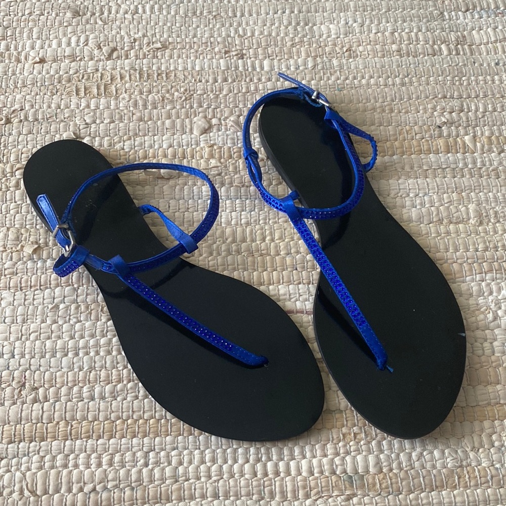 Blue satin rhinestone sandals. Express